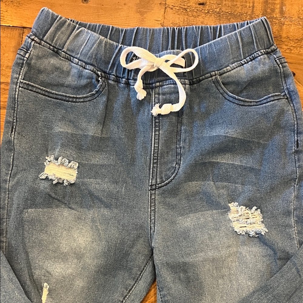 Distressed Blue Jeans with Drawstring - Picture 3 of 7